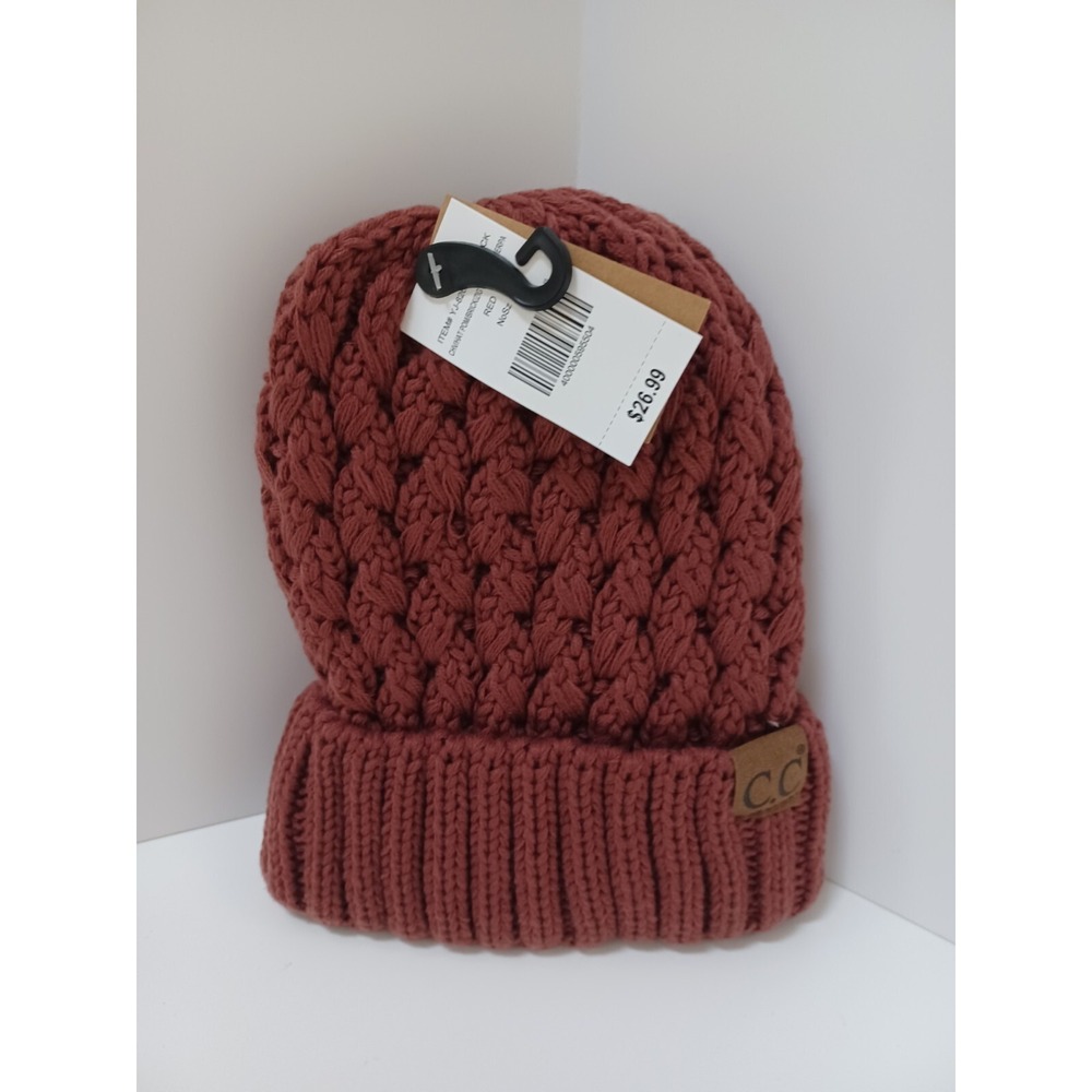NWT C.C. Pom Brick Zig Zag Knit Sherpa Beanie Hat Red OS